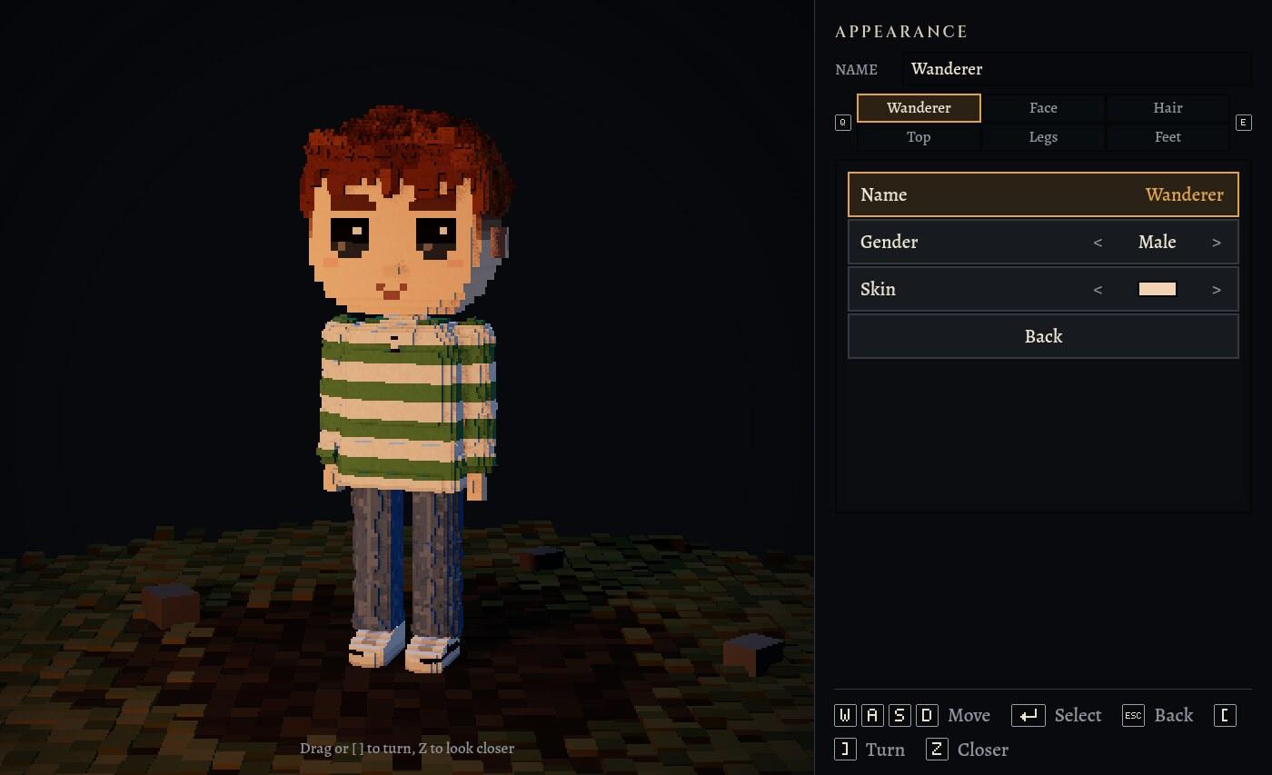 The appearance screen: tabs for each part of the wanderer beside a preview of them