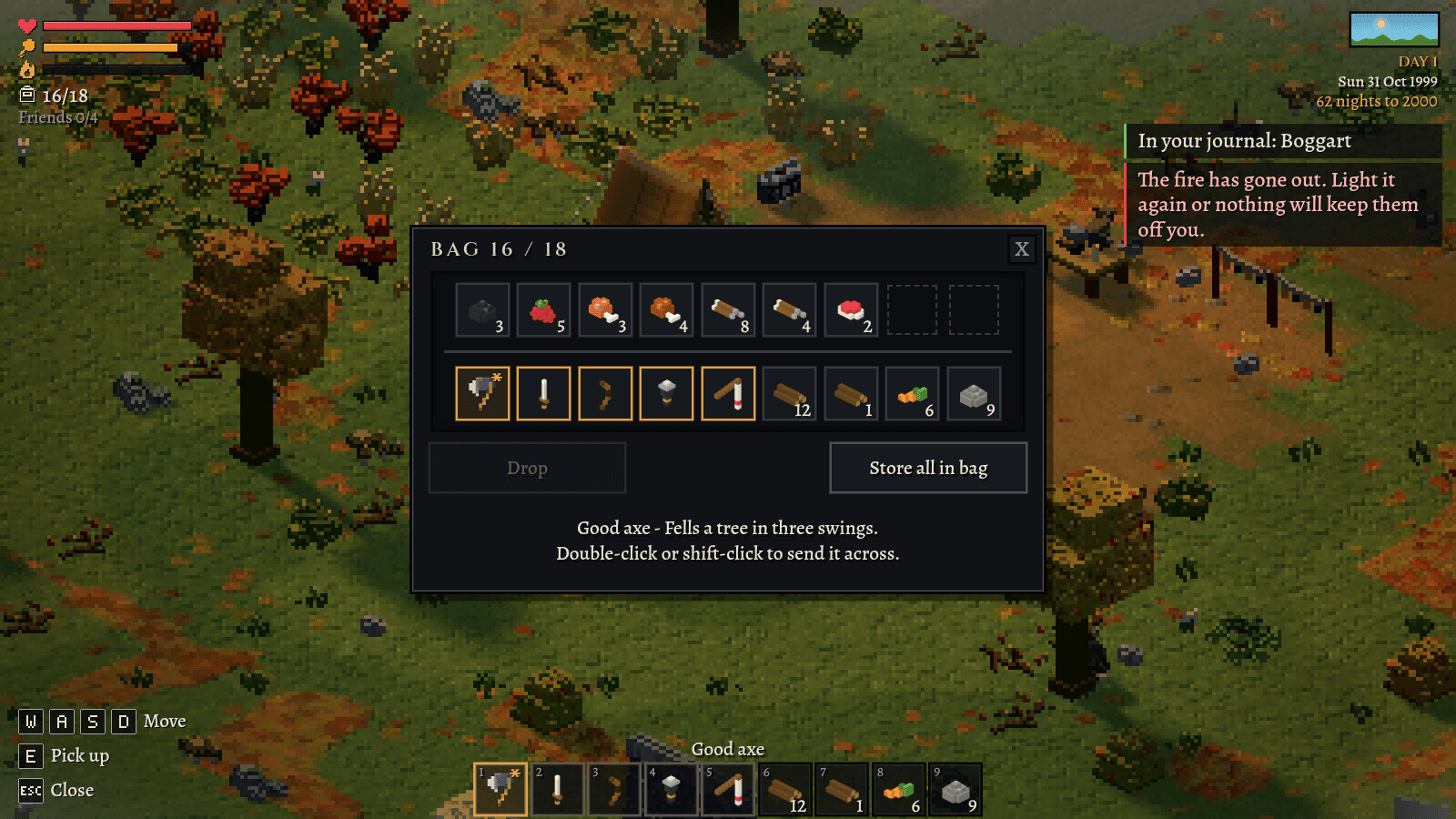 The bag open over the camp: a grid of tools, logs, stone, meat and arrows above the nine-slot bar