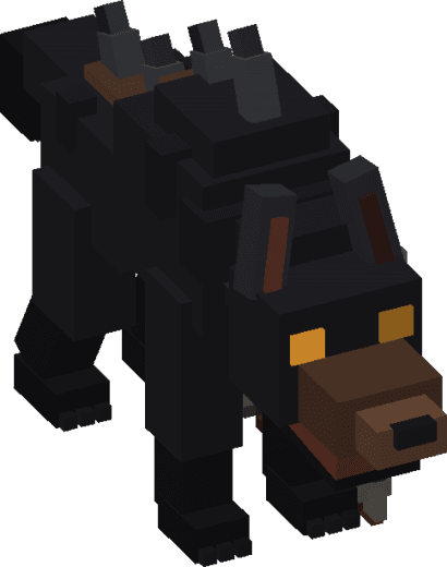 A barghest: a long black dog with amber eyes and a heavy chain