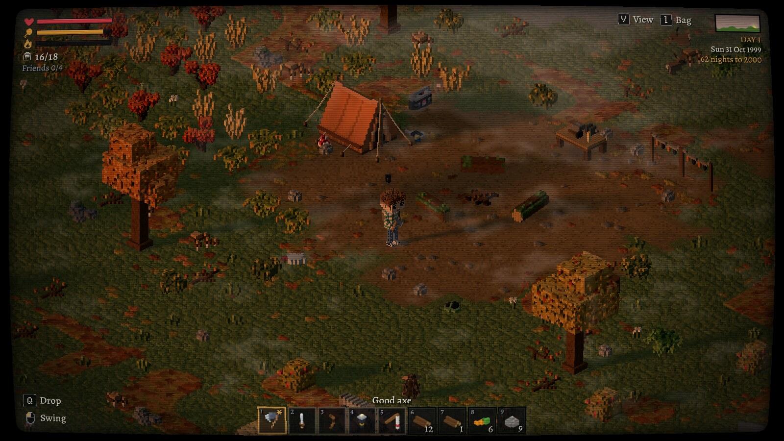 The night camp with the CRT filter on: scanlines, a phosphor mask, and the picture bowed into the curve of a tube