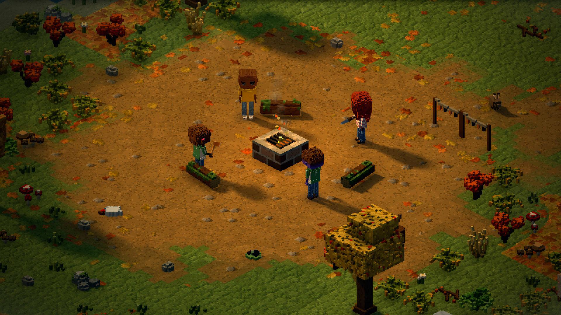 The camp by day in isometric view: four wanderers round the fire pit, mossy seat logs and a washing line, shadows falling across the dirt