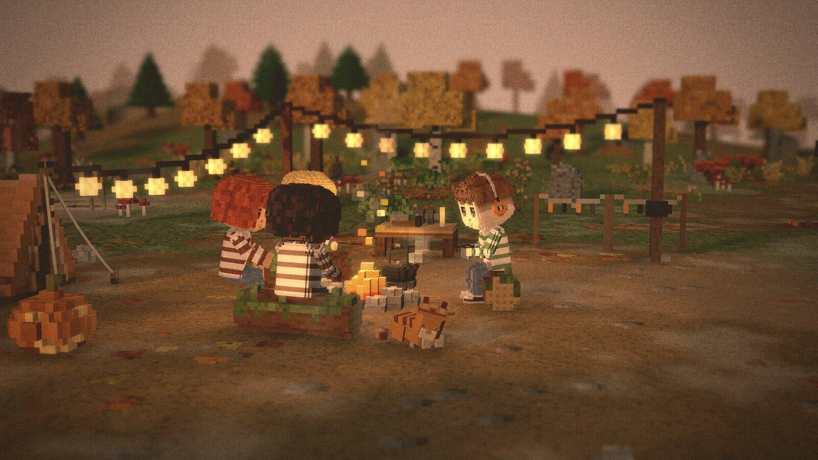 The friends sat round the campfire at sunset under a string of warm bulbs, one in orange headphones with a mug of tea, the kettle steaming and the camp cat asleep by the flames