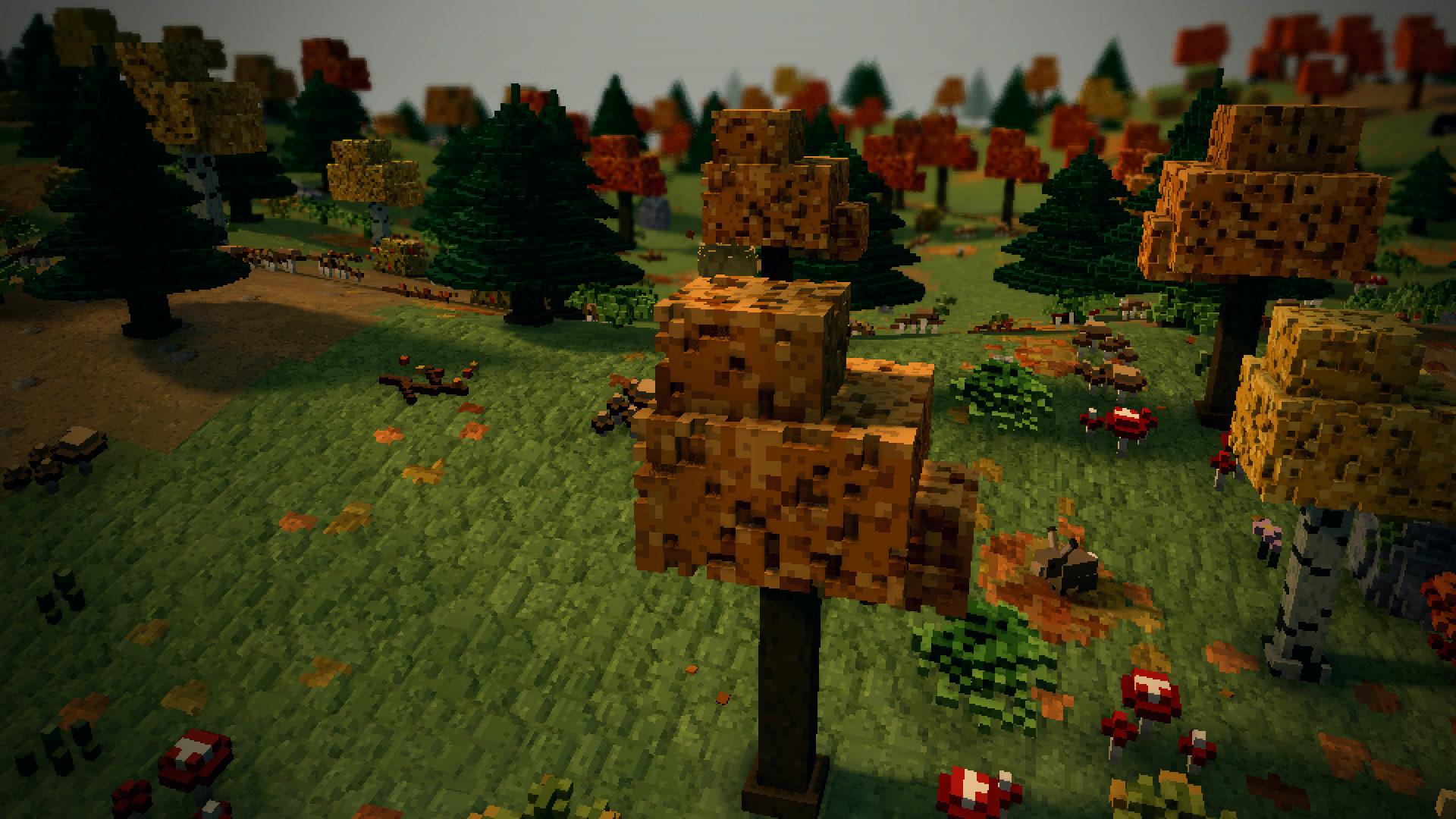 Pines and orange-leaved trees on the rolling moor in 3D, bracken and fern under them