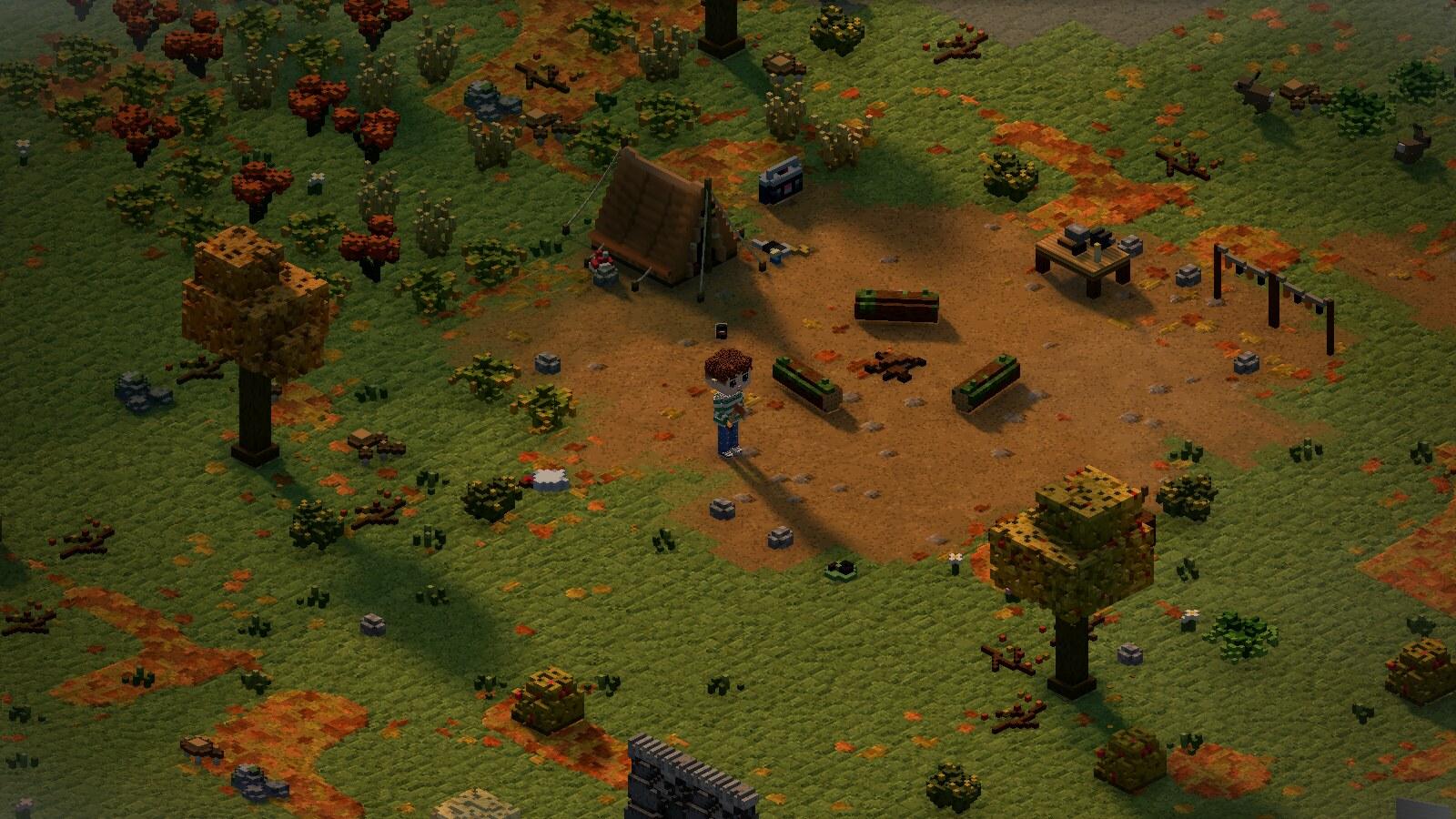 The same morning in Beautiful graphics: soft sun shadows, sharp where the logs meet the ground, and dark creases where things meet