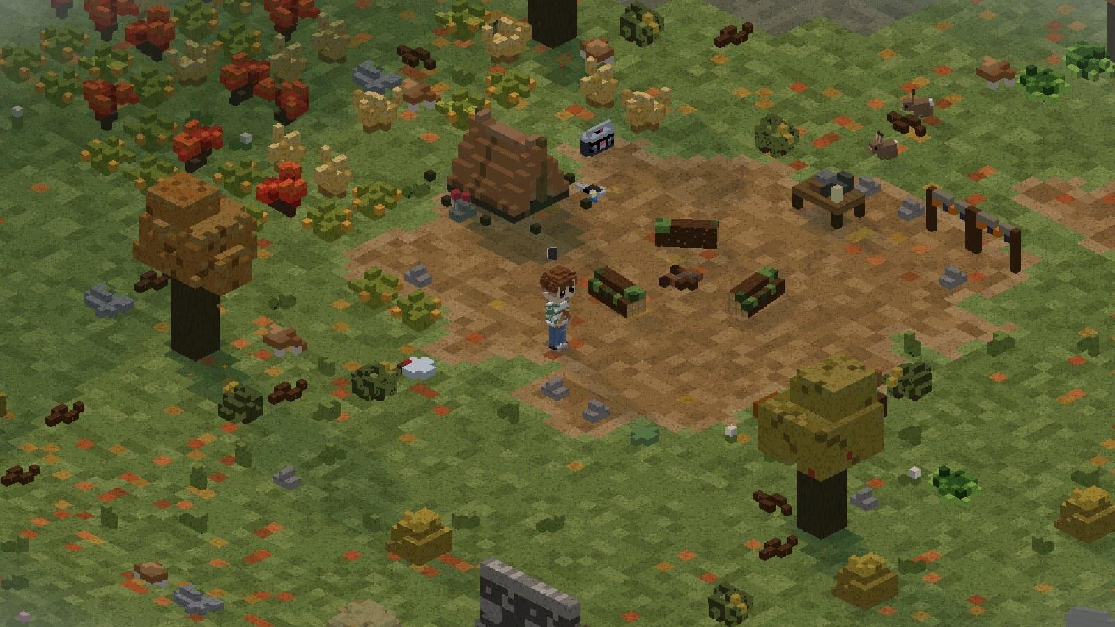 The camp in the morning in Classic graphics: blocky quarter-tile light and hard pixel shading