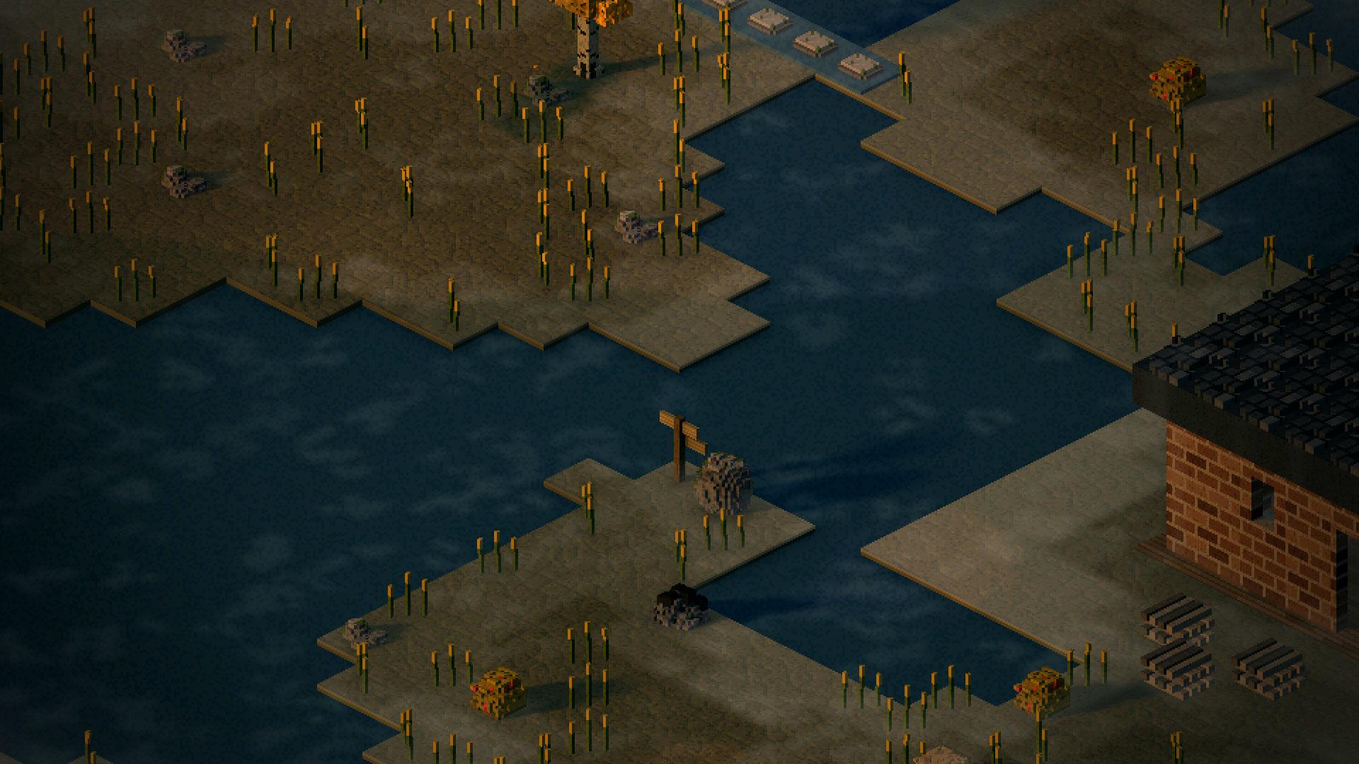 Marsh pools and reeds in isometric view, stepping stones and a brick building at the water's edge