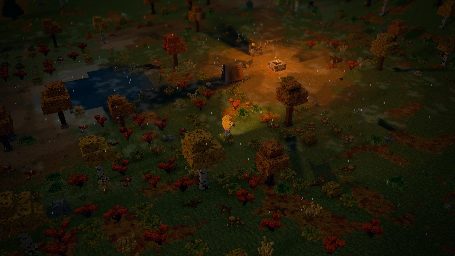 A wanderer out on the moor as night comes on, the camp's firelight glowing among the trees behind them