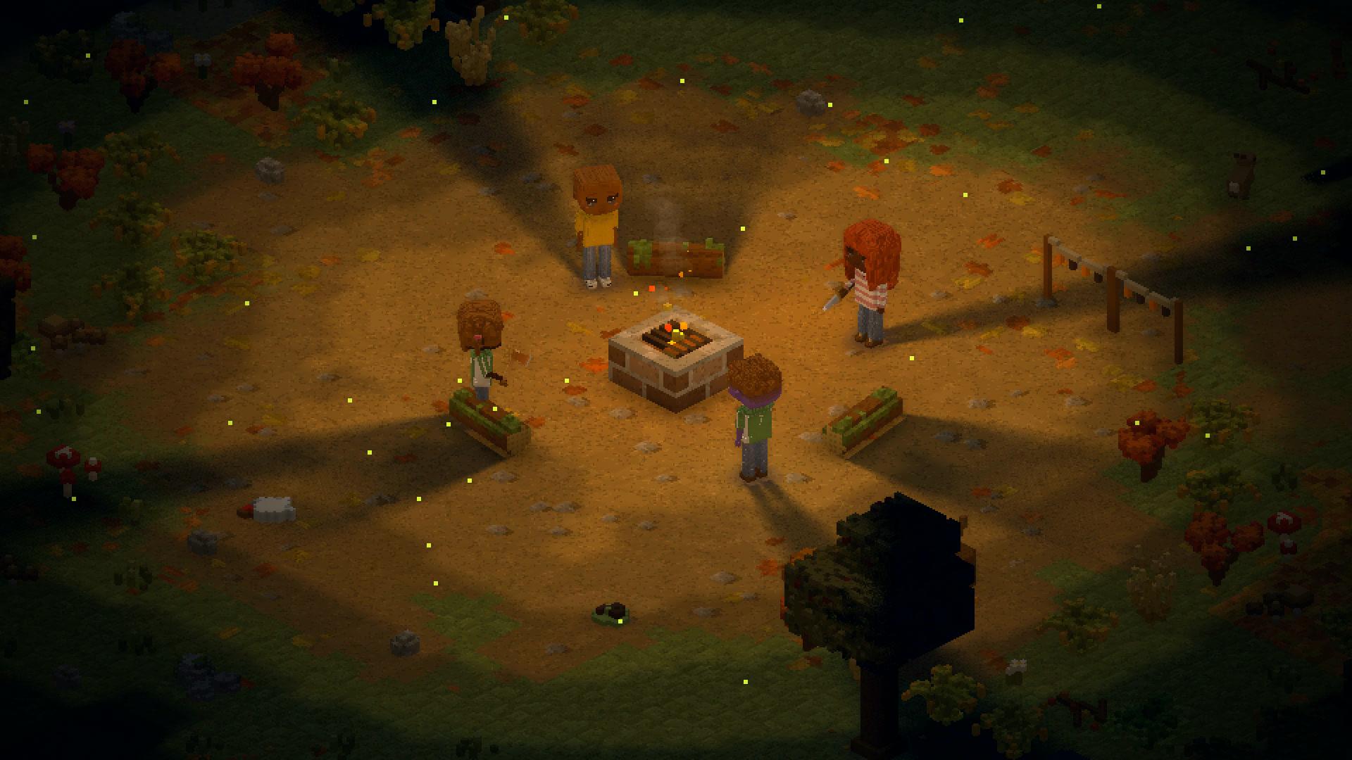 The same camp at night in isometric view, the firelight a warm island with fireflies over it and the dark all round