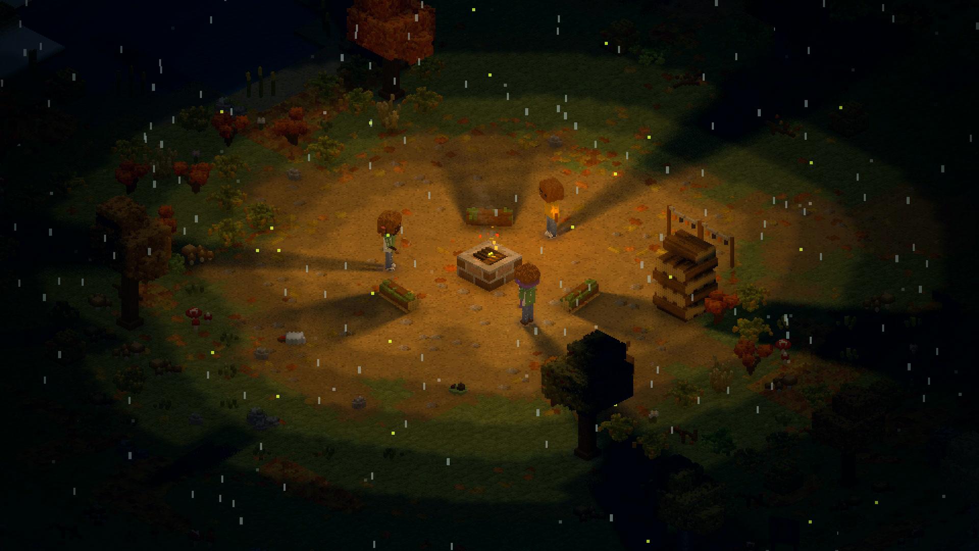 Rain at night over the camp in isometric view, the wanderers in the firelight and a palisade throwing its shadow