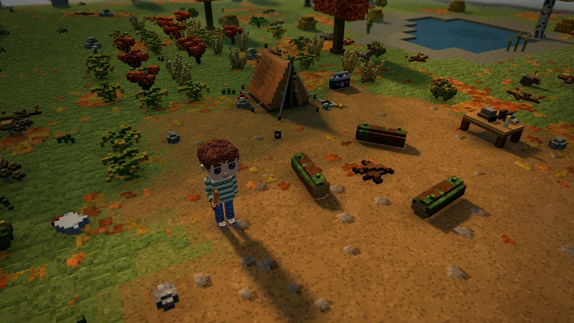 The camp in 3D under a tired green moor, the bracken beginning to turn