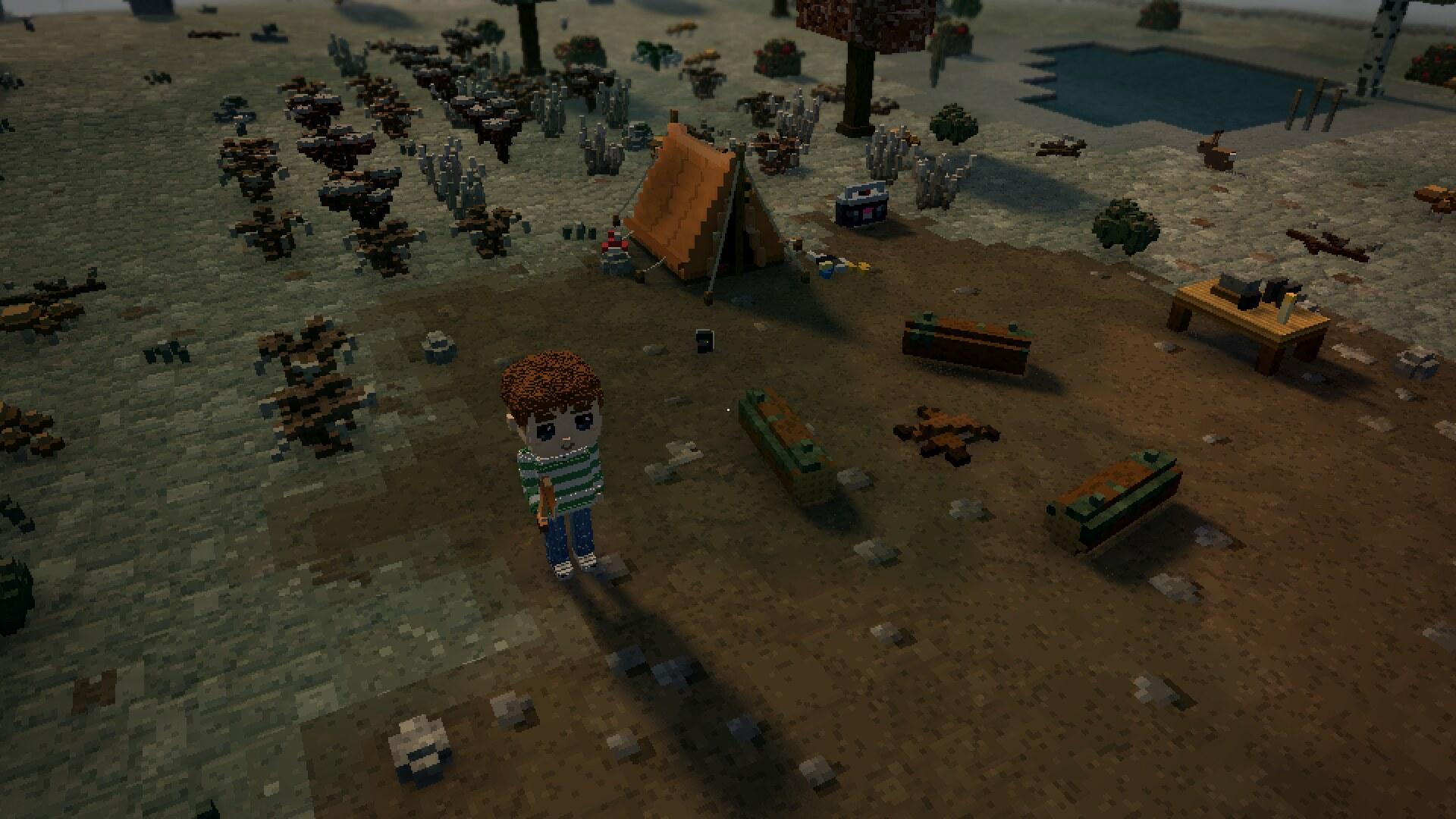 The same camp in 3D under a hard frost, rime on the grass and the stone gone dark