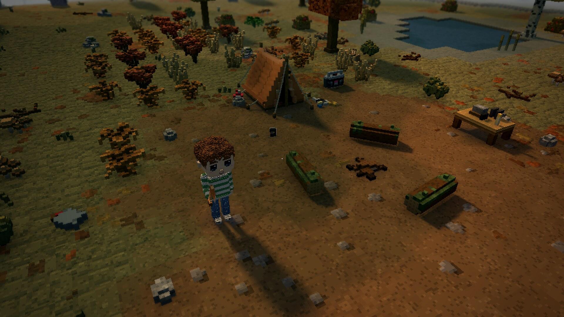 The same camp in 3D with the moor gone bracken brown, the trees thinning
