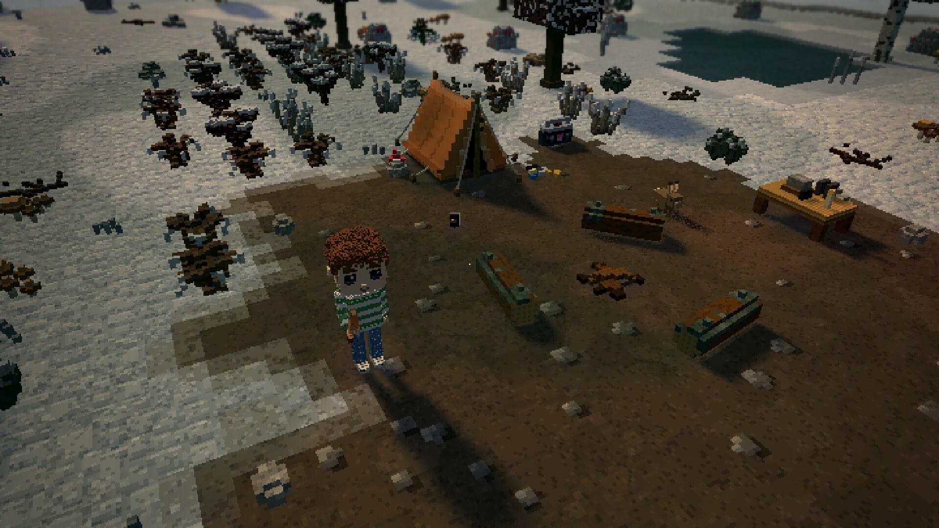 The same camp in 3D under snow, the paths trodden dark through it