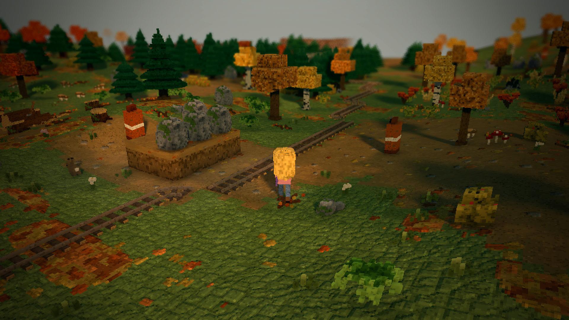 A wanderer walking past the old station building and the rails in 3D, the forest behind
