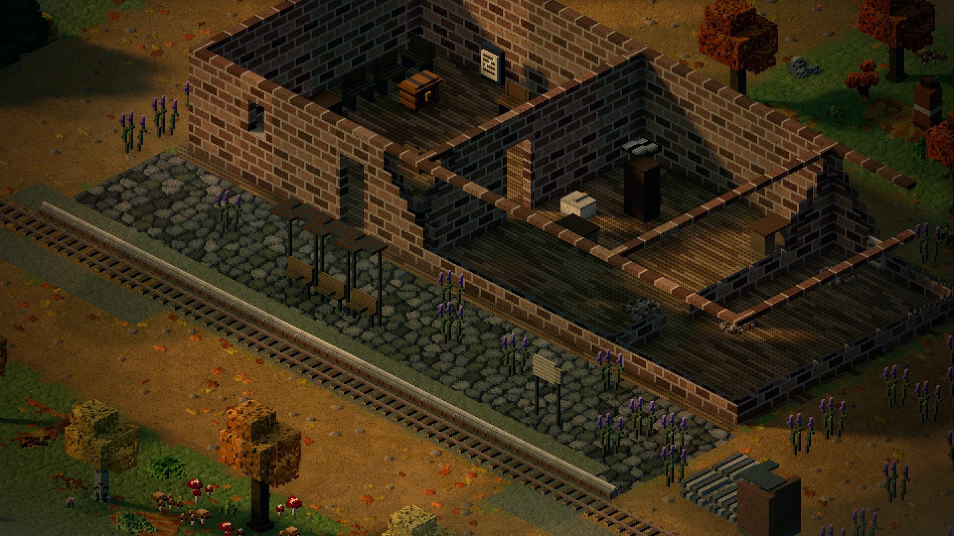The old station in isometric view: the platform, the rails and the brick station building with its roof gone