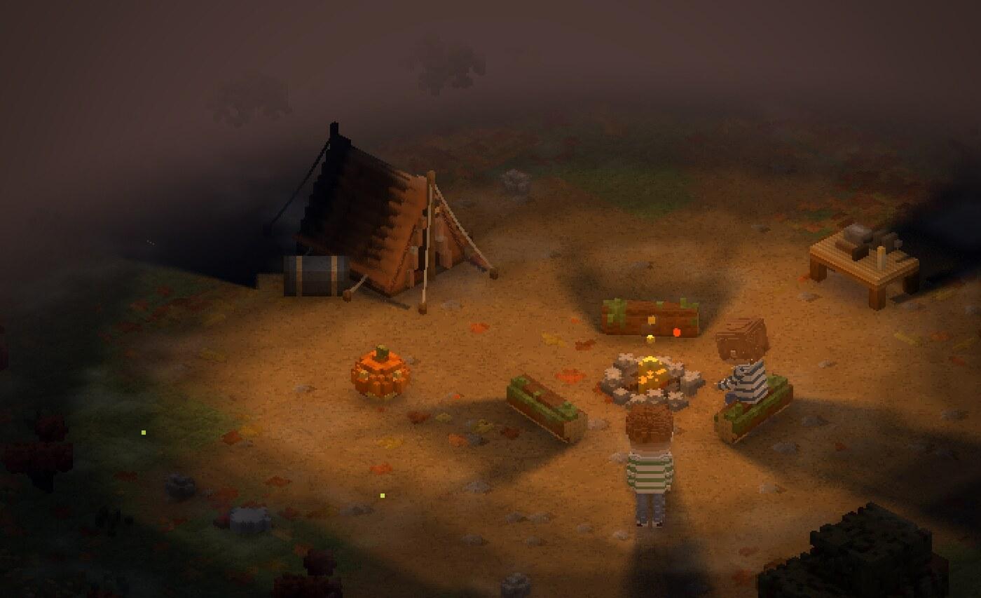 The Hollow Moors title screen over the camp at night