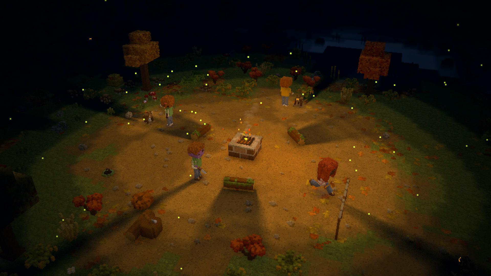 Night in 3D from above: wanderers round the fire fighting off boggarts coming out of the dark