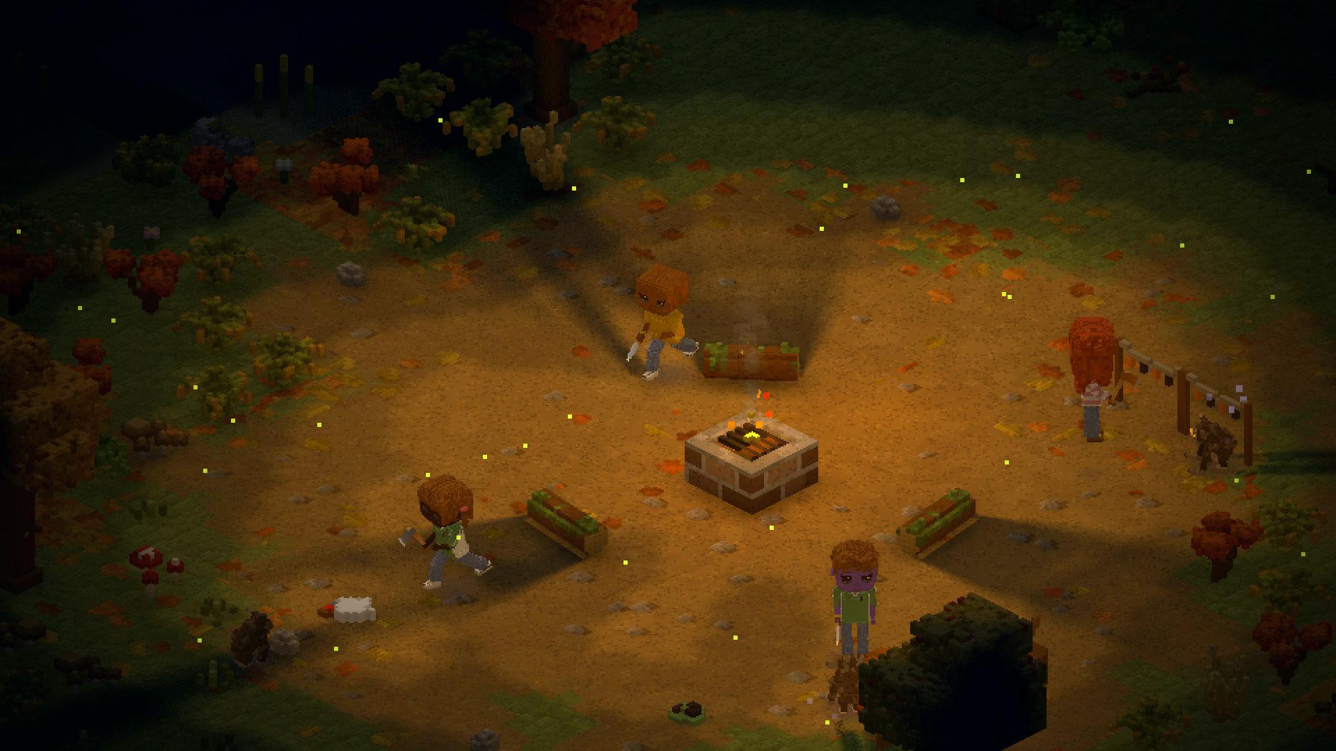 The camp seen from above in classic isometric view, four wanderers round the fire