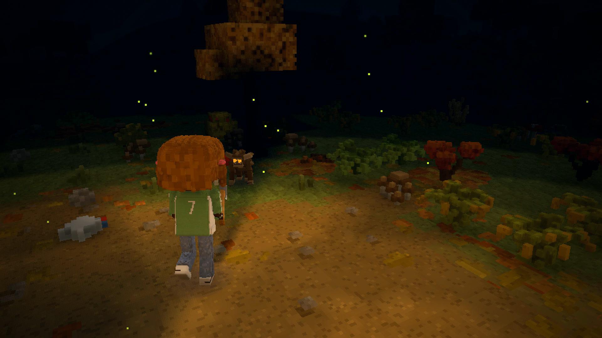 The same night from behind a wanderer's shoulder in 3D, the firelight on the ground ahead and the dark trees beyond