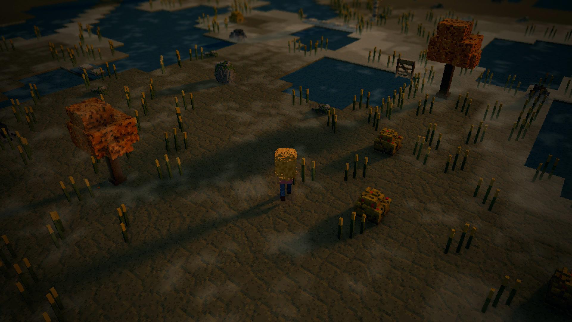 A wanderer at the edge of the marsh in 3D, pools and reeds stretching away